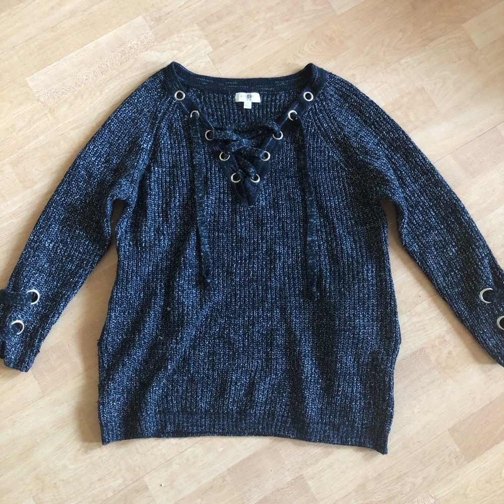 Lace up black knit sweater